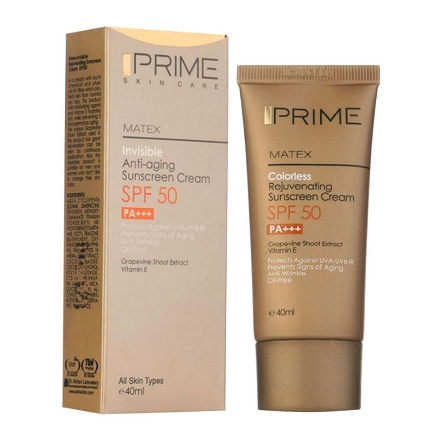 کرم ضد آفتاب جوان کننده پریم مدل متکس فاقد چربی بی رنگ spf 50 مناسب انواع پوست 40 میل