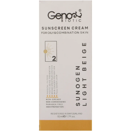 کرم ضد آفتاب ژنوبایوتیک spf 50 مناسب پوست های چرب و مختلط 50 گرم