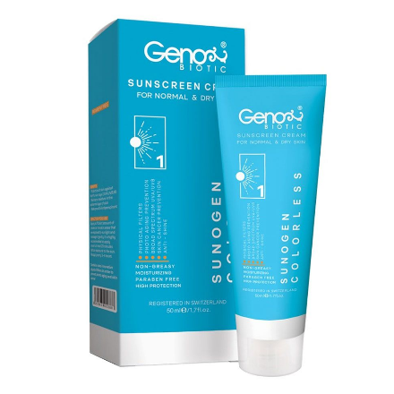 کرم ضد آفتاب ژنوبایوتیک spf 50 مناسب پوست های خشک و معمولی بی رنگ 50 گرم