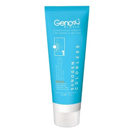 کرم ضد آفتاب ژنوبایوتیک spf 50 مناسب پوست های خشک و معمولی بی رنگ 50 گرم